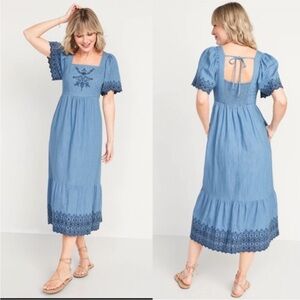 Old Navy Midi Dress L Flutter‎ Sleeve Eyelet Chambray Peasant Cottagecore Flowy
